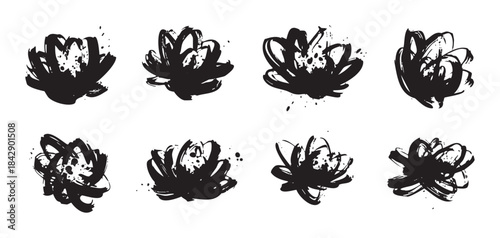 Black ink brush stroke flowers create a collection of artistic, hand-drawn floral designs with a grunge texture, perfect for decorative elements and creative projects.