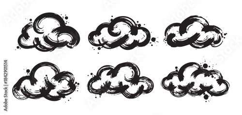 Six stylized brushstroke clouds with an artistic, hand-drawn texture, ideal for weather icons, graphic design elements, or creative illustrations.