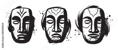 Abstract tribal masks with a grunge texture and artistic brushstrokes represent ancient cultural symbolism and spiritual expression.