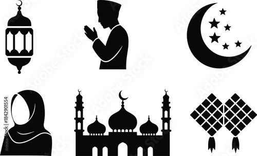 Islamic pray icon symbols set featuring lantern, praying figure, crescent moon, mosque, and traditional food