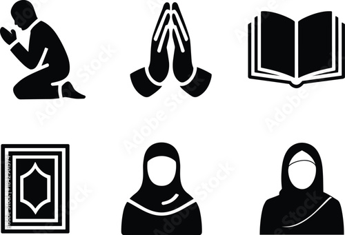 Islamic muslim pray icon set with kneeling man praying hands open book prayer rug women in hijab isolated transparent