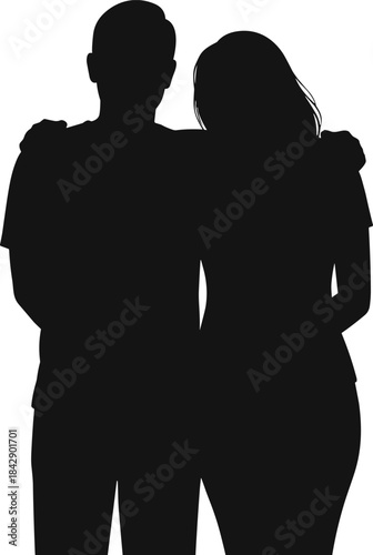 Black silhouette of two people standing together with arm around shoulder showing support, unity, friendship, and emotional bond