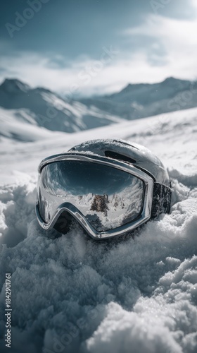Snow Goggles: The pair of snow goggles sits gracefully amidst a frosty terrain, mirroring the grandeur of the mountains and the vast, overcast sky.