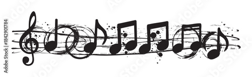 Musical notes and treble clef on staff depicted in a dynamic, hand-drawn grunge style, symbolizing creativity, sound, and artistic expression.