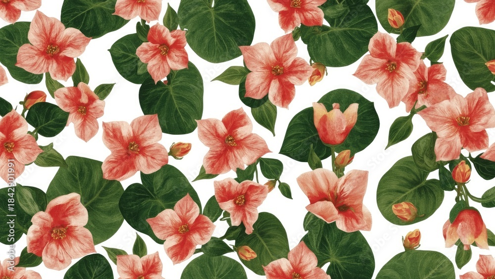 Fototapeta premium Bright pink hibiscus flowers with green leaves pattern.