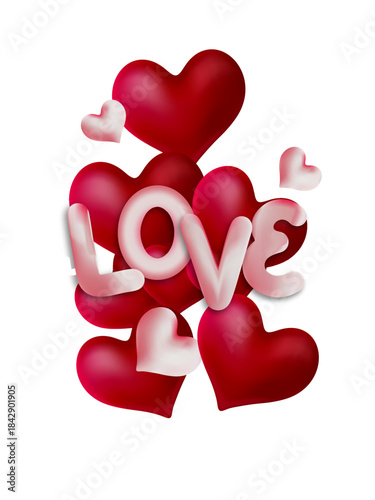 Glossy 3D red and pink hearts clustered with soft, puffy 'Love' lettering.