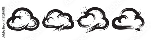 Four stylized clouds with expressive brushstroke textures and ink splatters create a dynamic and artistic graphic design element for various creative projects.