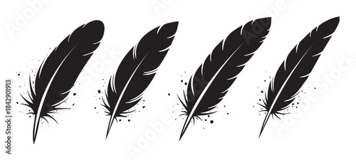 Four elegant black feathers with artistic ink splatters are beautifully arranged, symbolizing lightness, writing, and creative expression.