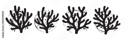 Stylized coral silhouettes with grunge texture elements create a modern and artistic representation of vibrant underwater marine life.