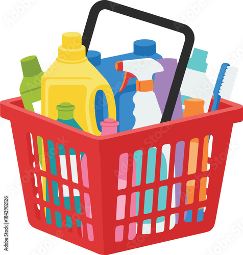 Cleaning products in shopping basket illustration, household detergent bottles, hygiene supplies, supermarket purchase concept, colorful container design for consumer goods