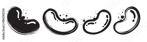 Four stylized black beans with artistic brushstroke texture and ink splash details are arranged horizontally in a modern graphic illustration.