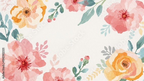 A watercolor floral pattern with pink, orange, and green flowers and leaves on a white background.