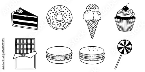 Assorted sweet treats icons pink brown chocolate cake donut
