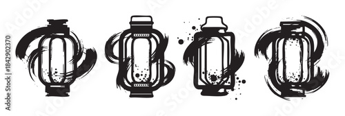 Four stylized lanterns featuring a unique brush stroke and grunge texture, creating an artistic and abstract decorative illustration.