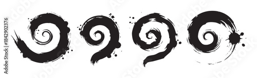Four black spiral brush strokes with textured details and ink splatters provide a dynamic and artistic graphic element for creative projects.