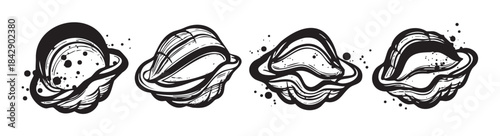 Four abstract organic shapes rendered in a dynamic black ink brush stroke style with expressive splatters, creating a modern artistic illustration.