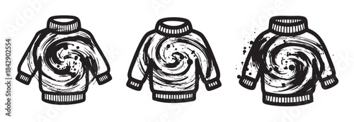 Three stylized black and white sweaters featuring a dynamic spiral design and grunge texture, perfect for winter fashion and cozy apparel concepts.