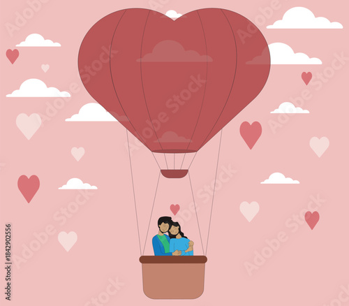 Romantic illustration of a couple riding a heart-shaped hot air balloon surrounded by floating hearts and clouds, symbolizing love, travel, joy and Valentine's Day celebration.