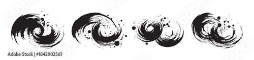 Black ink brush strokes form abstract artistic patterns with dynamic swirling shapes and expressive splatters, perfect for creative design elements.