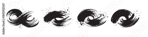 Four abstract black ink brush strokes create dynamic, textured swirl designs with scattered splatters, perfect for various graphic design elements.