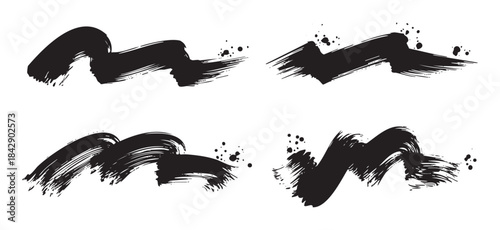 Four black brush strokes create an abstract artistic design with textured ink splatters, offering versatile graphic elements for various creative projects.