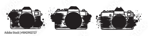 Three vintage film cameras with artistic grunge ink splash effect creating a cool retro graphic design element for photography concepts.
