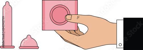 Condom illustration with hand holding wrapper, sexual health protection concept promoting safe intercourse, contraception, prevention, hygiene and r
