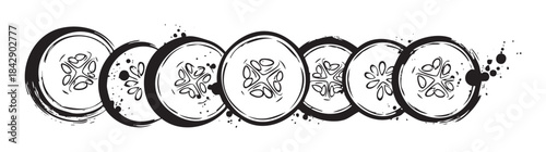 Cucumber slices arranged in a horizontal row, showcasing a fresh and healthy vegetable in a stylish black and white grunge illustration.