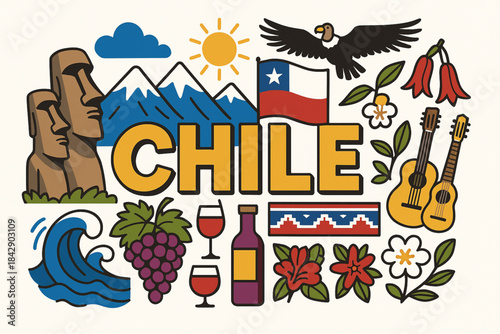 Chile Cultural Icons Vector Illustration with Landmarks, Nature and Traditional Elements