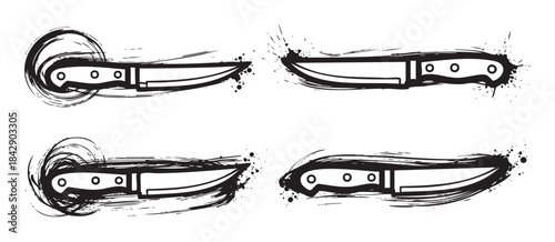 Four stylized black and white knife illustrations feature dynamic ink splatters and brushstroke effects, conveying a raw and artistic graphic design aesthetic.