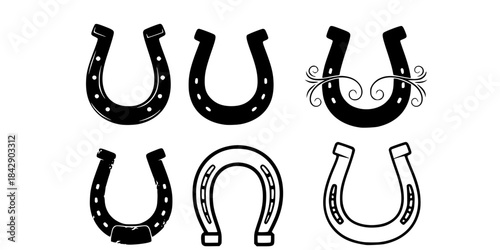 Six black horseshoe icons different styles.