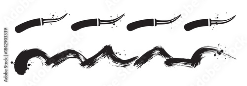 Abstract black brush strokes and ink splatters create a versatile collection of artistic elements perfect for modern graphic design projects.