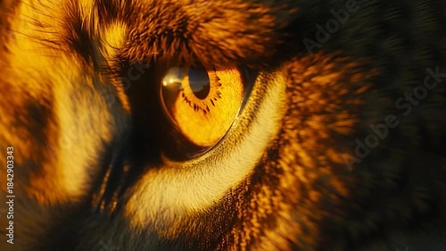 Close-up of a majestic tigers eye, showcasing its intense gaze and intricate fur patterns in golden light.