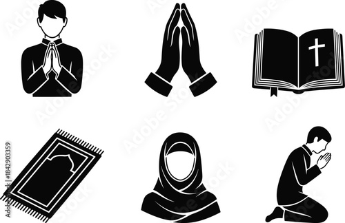 Diverse set of pray icon silhouettes featuring christian and muslim religious symbols