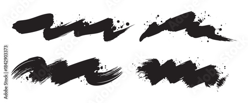 Black ink brush strokes with splatters create a dynamic and artistic texture element, perfect for adding a grunge or expressive touch to any creative design.
