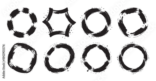 Abstract black brush stroke shapes and frames present a versatile collection of artistic design elements with a textured, hand-painted feel.