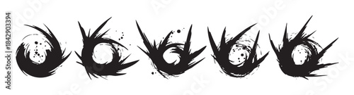 Abstract black grunge brushstroke shapes with sharp edges creating a dynamic and expressive graphic design element for various creative projects.