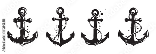 Four black anchors with ropes and ink splatters are displayed in a stylized, hand-drawn vector illustration, evoking a sense of maritime adventure and stability.
