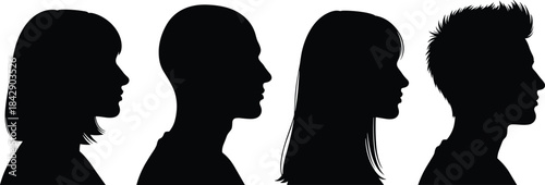 Human profile silhouettes, black and white contrast, diverse hairstyles, male and female heads, identity concept, anatomy reference, artistic design, minimal style