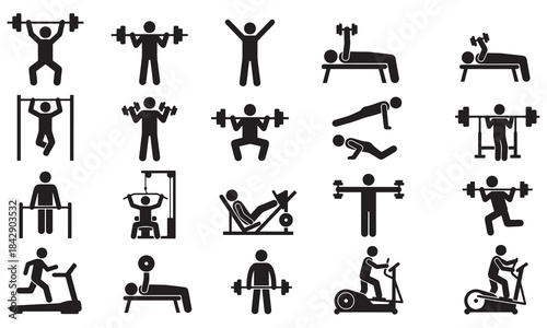 Gym fitness and bodybuilding exercise silhouette icon set