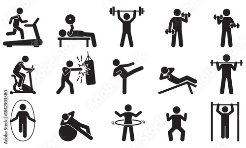 Large gym and fitness workout exercise icon set vector silhouette