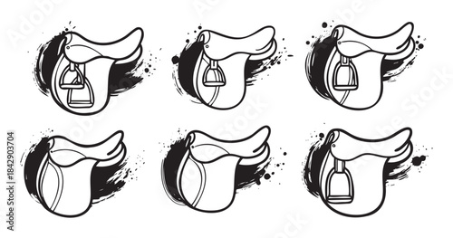 Horse saddles vector illustration set with grunge ink splashes, depicting equestrian equipment for riding and training in a stylized graphic design.