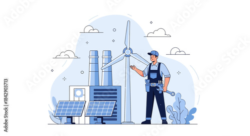 Renewable energy solutions engineer stands proudly before his sustainable energy facility