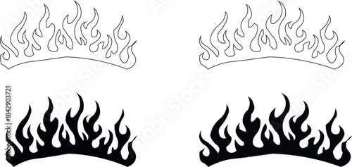 Vector flame collection. Bold black silhouettes and thin line fire outlines isolated on white. Classic, stylish, and neo-tribal inspired—perfect for decals, tattoos, and design elements.