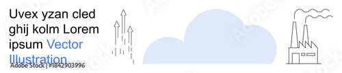 Pollution awareness, industrial processes, sustainable progress, environmental impact, clean energy, production goals. Blue cloud with factory and arrows. Pollution awareness and industrial processes