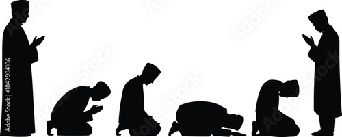 Set of muslim people pray icon in various positions on transparent background vector illustration