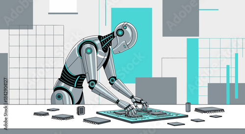 Robot assembling intricate circuit board with advanced microchips in futuristic workspace