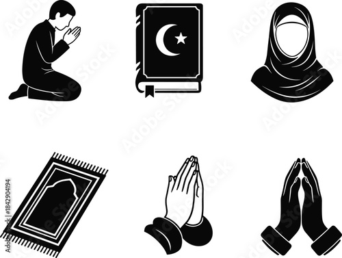 Set of muslim people pray icon, quran holy book, prayer mat, and praying hands vector illustration