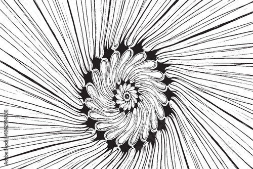Monochrome Hand-Drawn Floral Spiral or Psychedelic Swirl Pattern