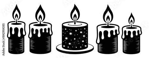 Five burning candles in a black and white vintage style illustration